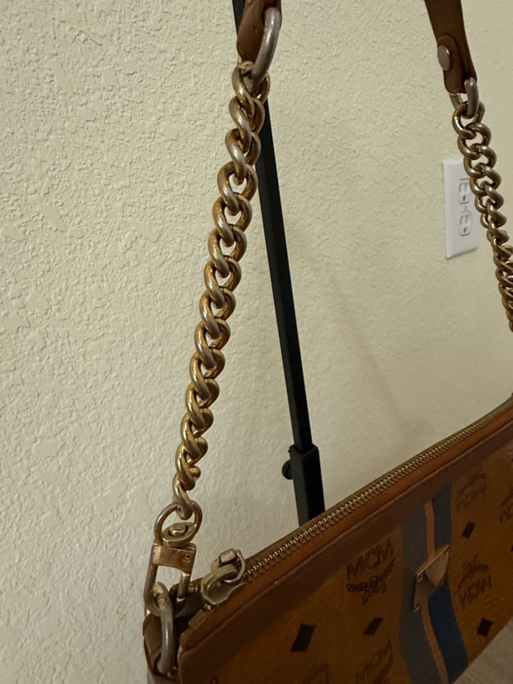 MCM Cognac Visetos Bag with Blue Stripes - Picture 3 of 15